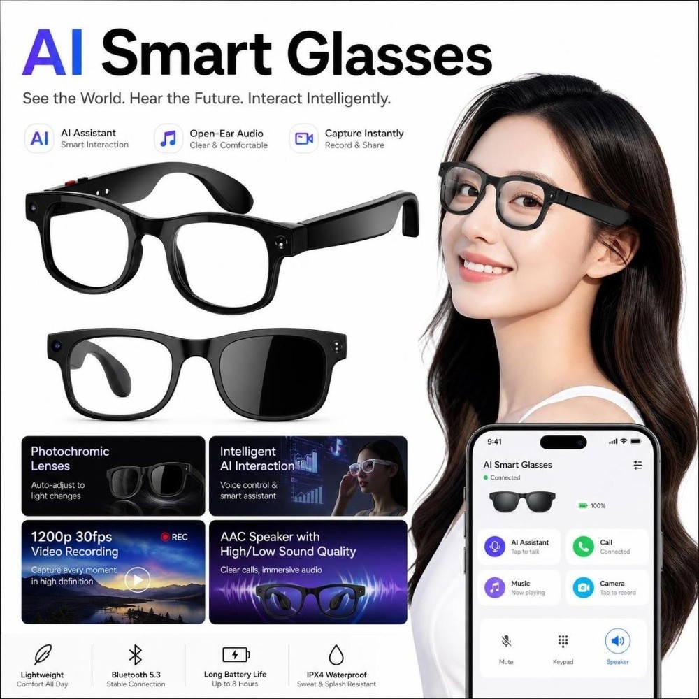 Smart Glasses Lens - 2-in-1 KI-Smart-Brille HD-Foto-Video Echtzeit-Übersetzung Intelligente KI-Brille